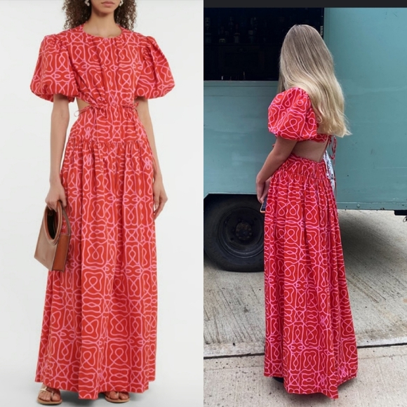 Agua by Agua Bendita Samba  Cutout-Back Print Puff Sleeve Maxi Dress Red Large - Picture 2 of 15